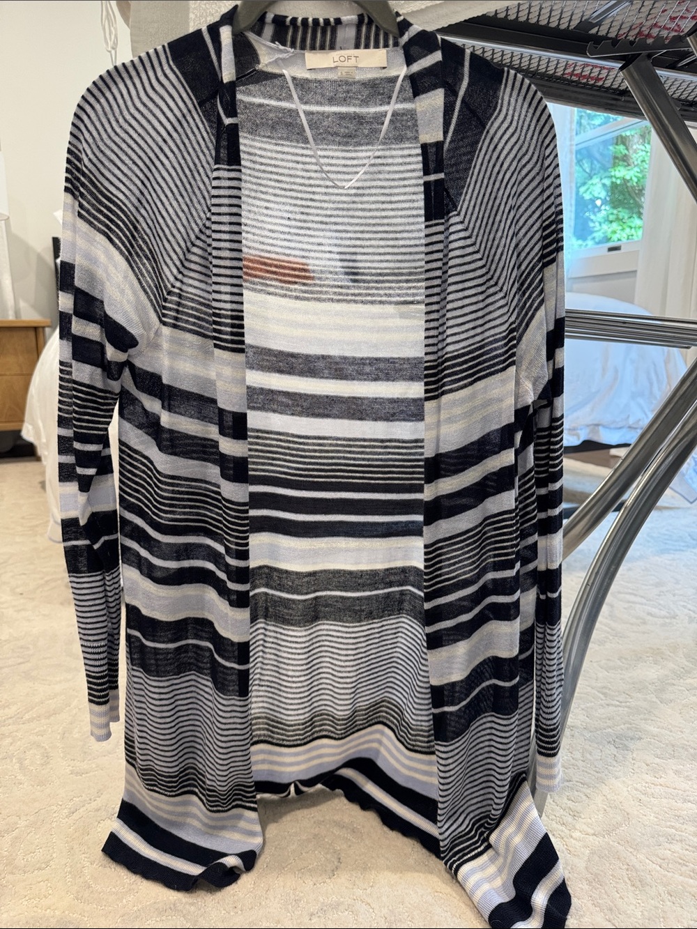 LOFT Navy and Lilac Striped Open Cardigan